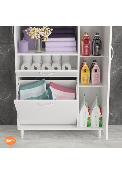 Sepetli Ve Kapaklı Dolaplı Banyo Dolabı Beyaz