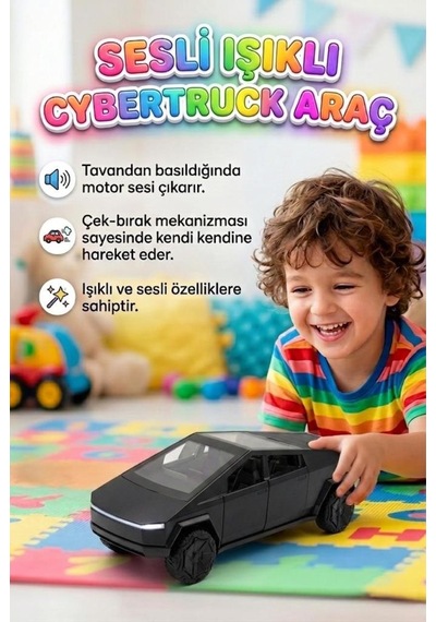 Sesli Ve Işıklı Cybertruck Oyuncak Araç - Çek Bırak Metalik Gri Konsept Oyuncak Araba