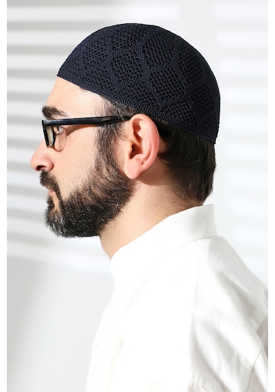 Makine Örgüsü Dantel Detaylı Namaz Takkesi Lacivert Lacivert