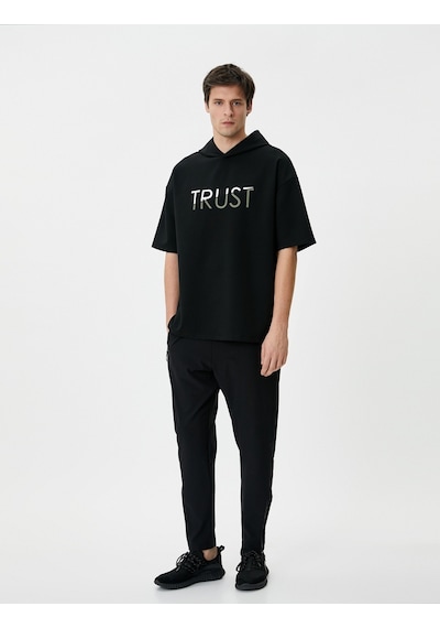 Koton Sweatshirt Eşofman Üstü Baskılı Kapüşonlu Kısa Kollu Siyah 4wam70056nk Siyah