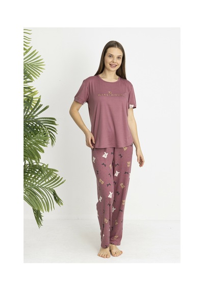 Estiva Kadın Ayıcık Alt Desenli Kısa Kollu Soft Pijama Takımı Pudra