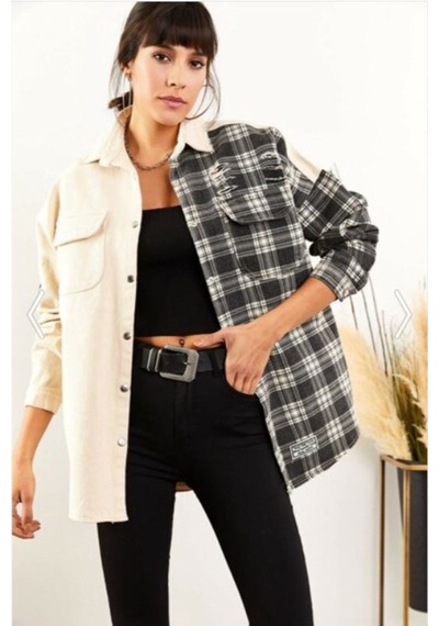 Esb Design Kadın Siyah-bej Ekose Boyfriend Oversize Eskitmeli Jeans Kot Ceket