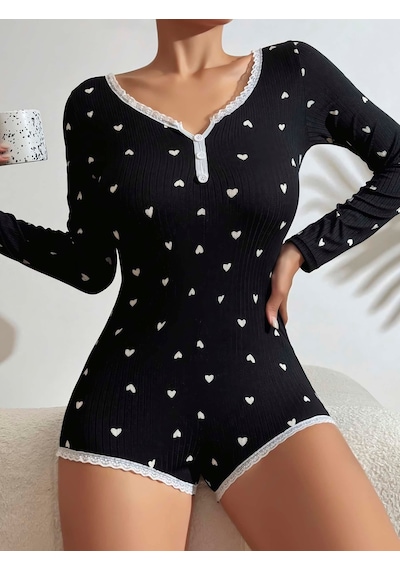 Fantezia Kadın Siyah Kalp Desenli Pijama Tulumu 5122 Kırmızı Fantezia Kadın Siyah Kalp Desenli Pijama Tulumu 5122 Kırmızı
