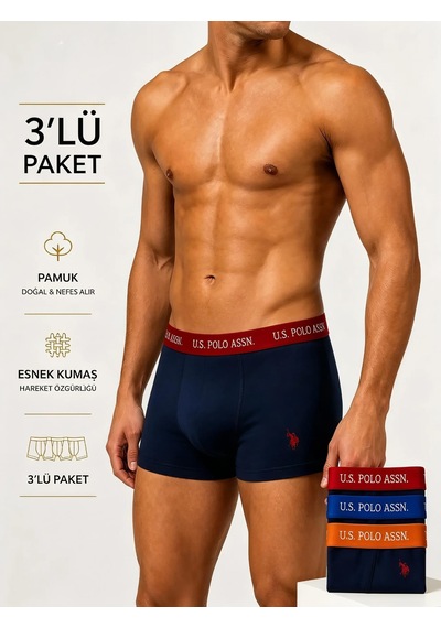 U.S. Polo Assn. 3'lü Pamuklu Erkek Boxer Siyah