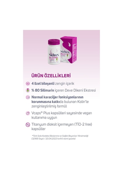 Sidrex Milk Thistle Complex Deve Dikeni Eki ve Enginar Eki İçeren Takviye Edici Gıda 60 Kapsül