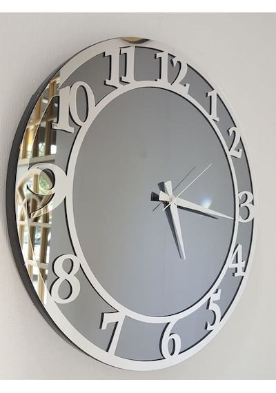 Ayna Denizi Silver Matris Smoked Model Gümüş Füme Renk 50 CM Dekoratif Aynalı Duvar Saati Gümüş