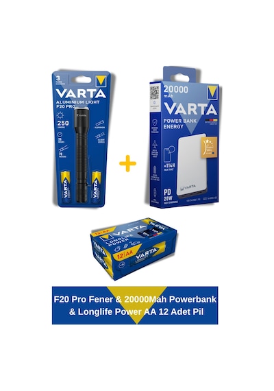 Acil Durum Kiti, F20 Pro Fener & 20000mah Powerbank & Longlife Power Aa 12 Adet Pil Siyah