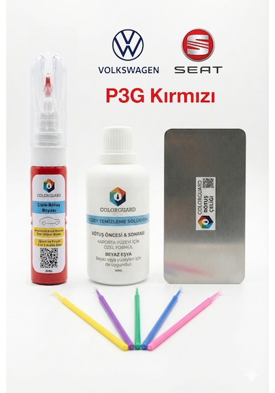 Volkswagen Seat Lp3g Kırmızı İğneli Ve Fırçalı 2 Si 1 Arada Rötuş Boyası Yüzey Temizleme Solüsyonu Profesyonel Ve Çapaksız Rötuş Çeliği 5'li Uygulama Çubuğu Seti
