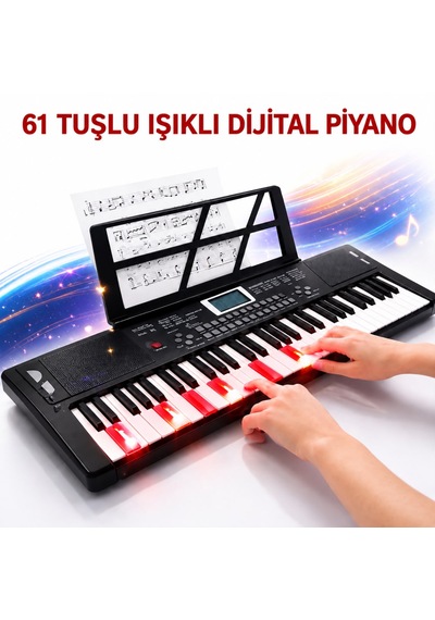 Multizone 61 Tuşlu Standlı Elektronik Dijital Işıklı Çocuk Piyanosu Mikrofonlu Başlangıç İçin Demolu Keyboard Org