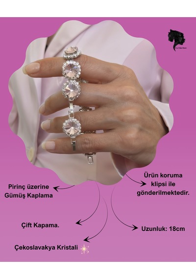 Riviere Kristal Taşlı Çiçek Model Pembe Renkli Bileklik