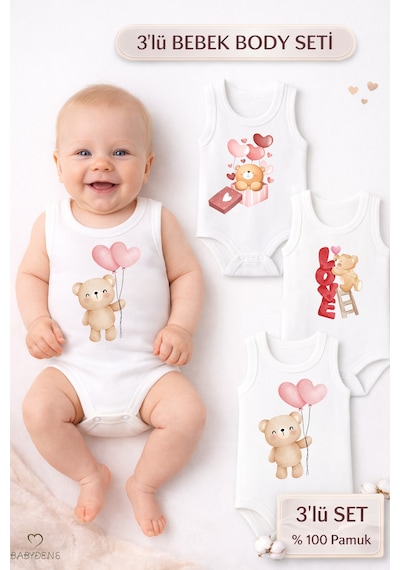 Babyden's 3 Lü Bebek Body Seti %100 Pamuk Ayıcık Desenli Unisex Bebek Body Kolsuz Çıtçıtlı Zıbın Beyaz