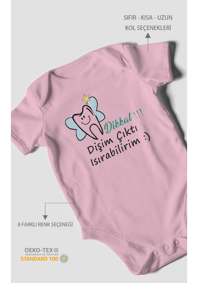 Dikkat Dişim Çıktı Isırabilirim Baskılı Bebek Zıbını Çıtçıtlı Body %100 Pamuk Kısa Kol Koyu Pembe
