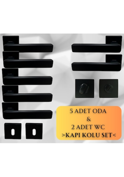 Lusso Siyah 5 Adet Oda 2 Adet Wc Kare Rozetli Kapı Kolu Set - Lusso Syh 5+2