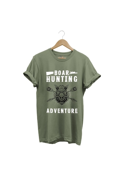 Domuz Avcılığı Baskılı Hunter Avcılık Temalı %100 Pamuk Regular Fit Haki T-shirt Haki
