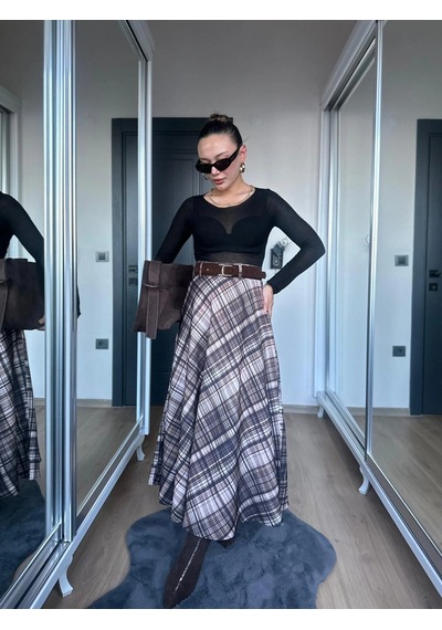 Keymoda Kadın Ekoseli Kemerli Etek Kahve Bej Kahverengi
