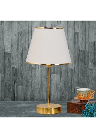 Star Gold Ayaklı Abajur Şeritli Krem Kumaş Başlık Yatak Odası Salon Masa Lambası Krem - Gold