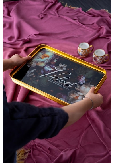 Velvet Milla Cam Tepsi - 39 Cm Çiçek Desenli