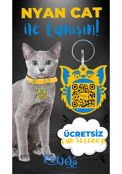 Petjoo 2.Nyan Cat Mavi-Sarı Qr'lı Kedi Künyesi