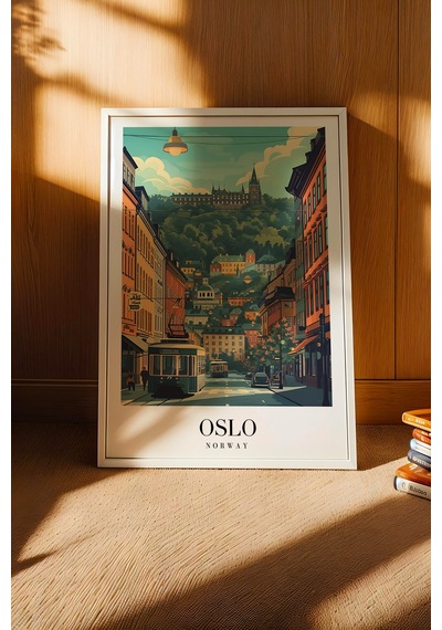 Oslo Norway Vintage Seyahat Posteri Çerçeveli Tablo - Premium İskandinav Şehir Elit Duvar Dekoru Beyaz
