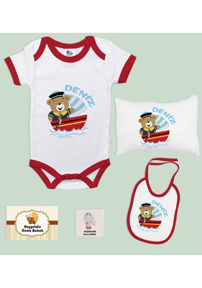 BK Kids Kişiye Özel İsimli 5 Parça Kırmızı Bebek Body Zıbın Yastı