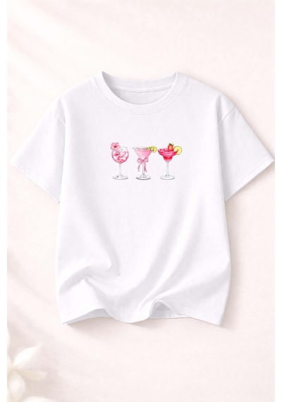 Herkesemoda Summer Baskı Detaylı Kadın Bisiklet Yaka Pamuklu T-shirt Beyaz
