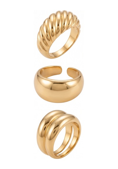 Kadın Gold Renk 3'lü Kombin Yüzük Seti Kruvasan Ve Bombeli Model Kutuyla Gönderilir