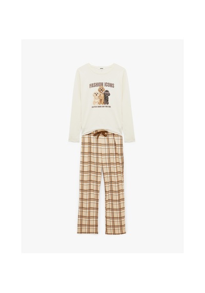 Koton Bisiklet Yaka Baskılı Uzun Kollu 2'li Pijama Takımı Ekru 7wlk40188mk