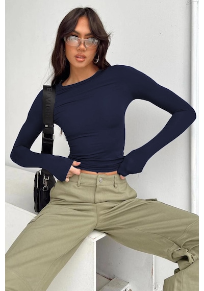 Madmext Lacivert Bisiklet Yaka Basic Uzun Kollu Body Mg1701-lacivert Lacivert