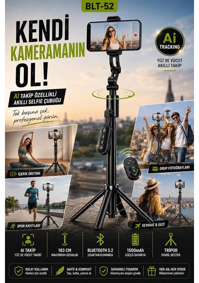 Tr Selfie Çubuğu Ve Tripod Aı Akıllı Takip Özellikli, 183 Cm Uzayabilir, 360 Yüz Ve Vücut Takibi, Bluetooth 5.2 Genel