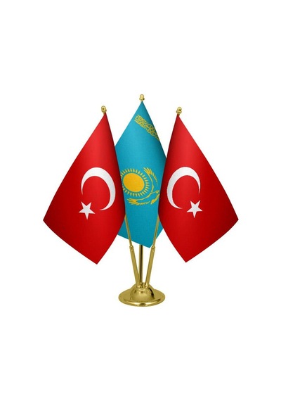 Masa Üstü Kazakistan Bayrağı Türk Bayrağı Üçlü Pirinç Direk Masa
