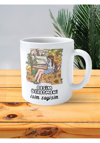 Resim Öğretmeni Baskılı Kupa Bardak İsimli Kişiye Özel Ayçiçeği Sanat Çok Renkli