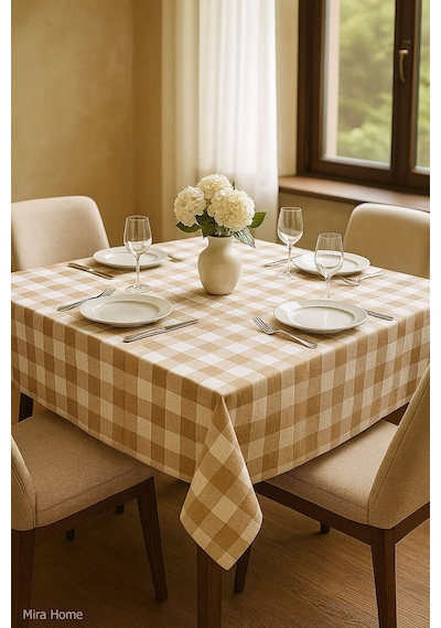 Mira Home Kareli Masa Örtüsü Sofra Bezi 160x160 Cm Happytime Bej