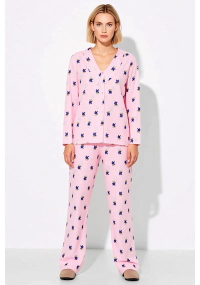 Benerly Kadın Gömlek Yaka Uzun Kol Regular Kalıp Dokuma Pijama Takımı Fon Pembe