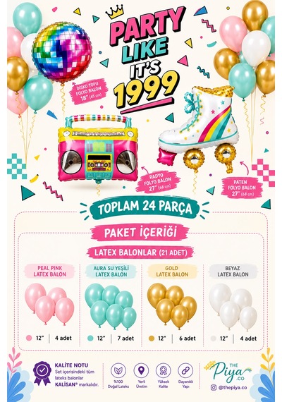 90'lar Parti Konsepti 24 Parça Çok Renkli