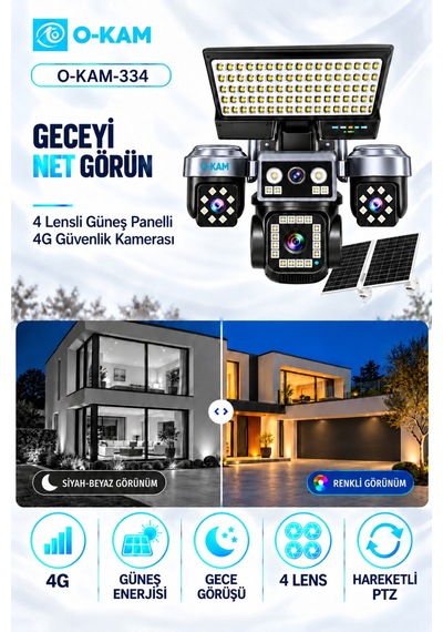O-kam 334 Prm. 4 Kameralı Sım Kartlı Solar Güvenlik Kamera