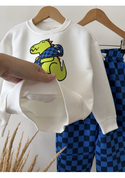 Magu Çocuk Pamuklu Dinozor Baskılı Sweatshirt Ve Mavi Dama Eşofman Takımı Çok Renkli
