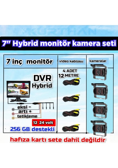 7 İnç Dvr Ekran 4 Adet Metal Kasa Ledli Kamera Seti 12 24 Volt