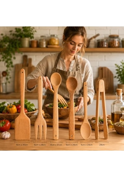 6 Parça Mutfak Spatula Ve Kaşık Seti Doğal Ahşap Çizilmez Yapışmaz Tencereye Uyumlu Kaşıklık Hediyeli
