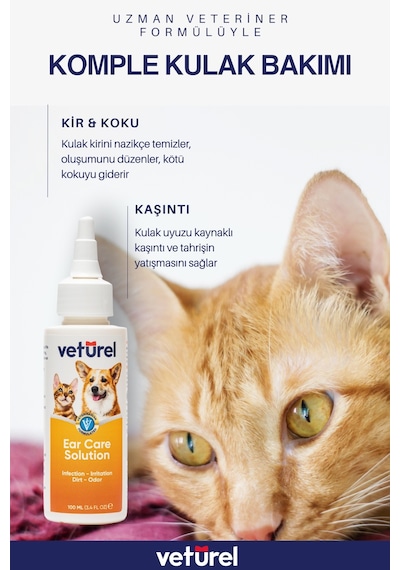 Veturel Kedi Kulak Temizleme Solüsyonu Kir Kaşıntı Koku  Bakım 100 ML