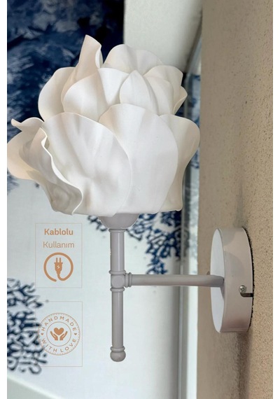 Beyaz Eva Anemon Tasarım Kablolu Aplik - Alt Beyaz Tüm Boy 35 Cm Beyaz