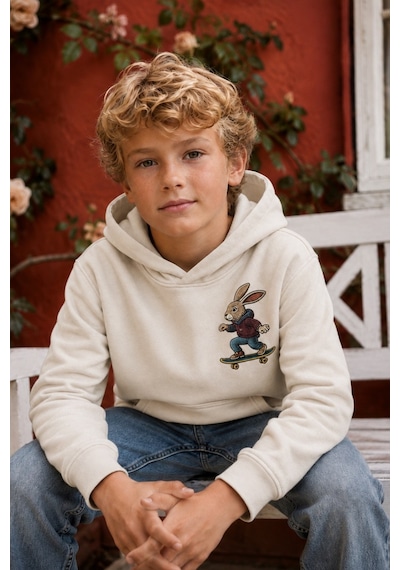 Esila Kids Erkek Çocuk Kapüşonlu Baskılı Sweatshirt Kanguru Cepli Günlük Hoodie Ekru