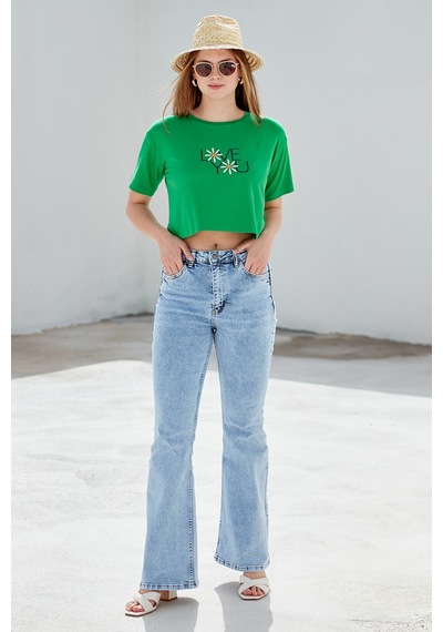 Oversize Baskılı Crop Tişört - Yeşil Yeşil