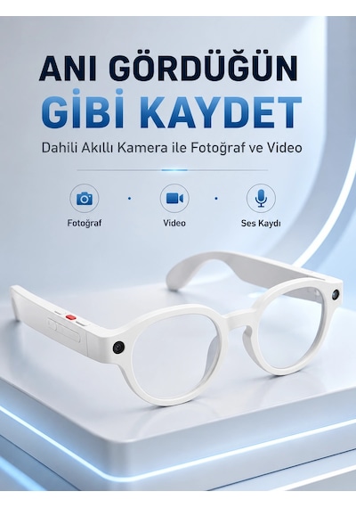 Beyaz Bluetooth Akıllı Gözlük Dahili Kameralı Fotoğraf Video Kayıt Yapay Zeka Çeviri Dokunmatik Kontrol Özellik