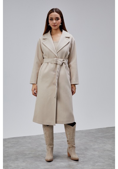 Bej Premium Oversize Kemerli Kaşe Kaban Bej