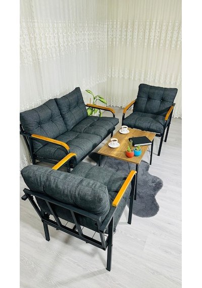 Madame Home Kaktüs Balkon, Bahçe,teras,cafe - Salon - Metal Kanepe Koltuk Takımı - 2 1 1 Sehpa Antrasit