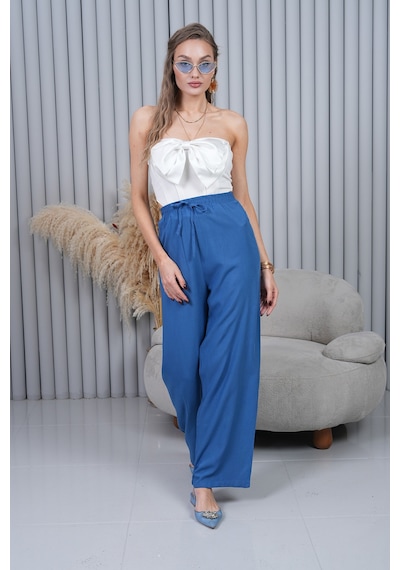 Polologin Butik Beli Bağcıklı Yüksek Bel Bol Paça Mavi Pantolon Kapalı Mavi