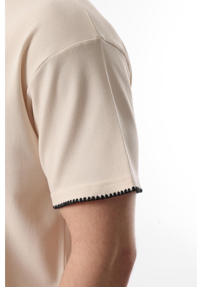 Madmext Bej Nakış Detaylı Erkek Şort T-shirt Takım E7305 Bej