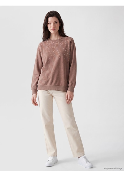 Lcw Comfort Kahverengi Bisiklet Yaka Taşlı Kadın Sweatshirt