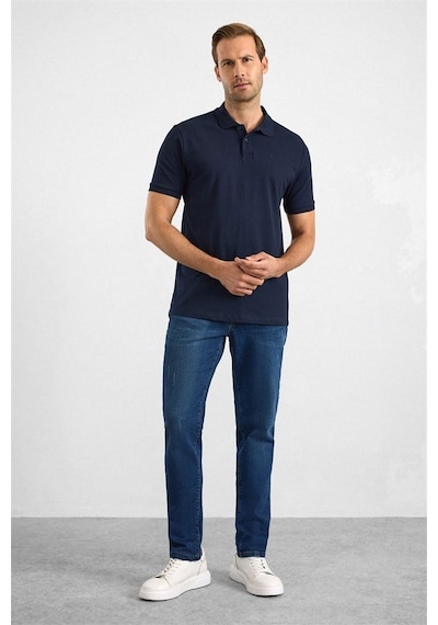 Süvari Lacivert Slim Düz Nakışlı Pike Düğmeli Polo Yaka Tişört Ts1014000474-m09