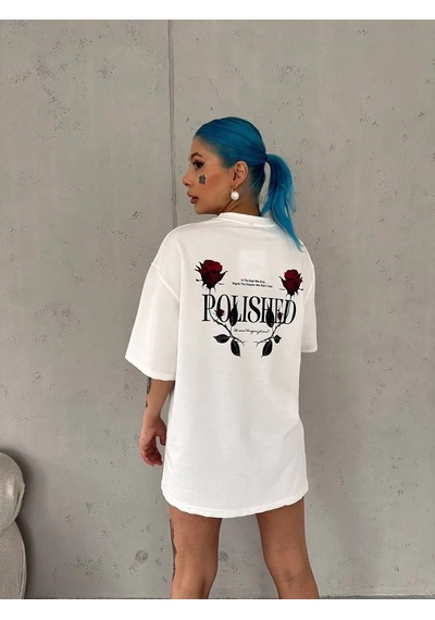 Assema Kadın Bisiklet Yaka Baskılı Kısa Kol Oversize T-shirt - Beyaz Çok Renkli